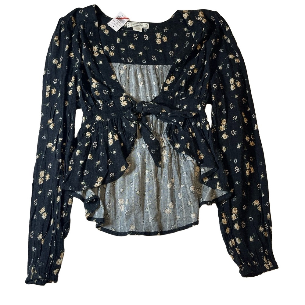 NWT American Eagle Womens Extra Small Black Floral Tie Front Peplum Blouse